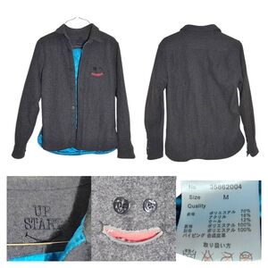 Up Start Gray Button-Up Jacket With Smiley Face On Left Chest.